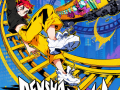 Key artwork poster for Denshattack! featuring a red-haired character in yellow jumpsuit sliding along a roller coaster track alongside a yellow train.